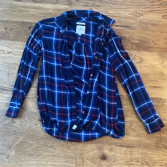 American Eagle Outfitters Blue Plaid Boyfriend Fit Top - Picture 3 of 4